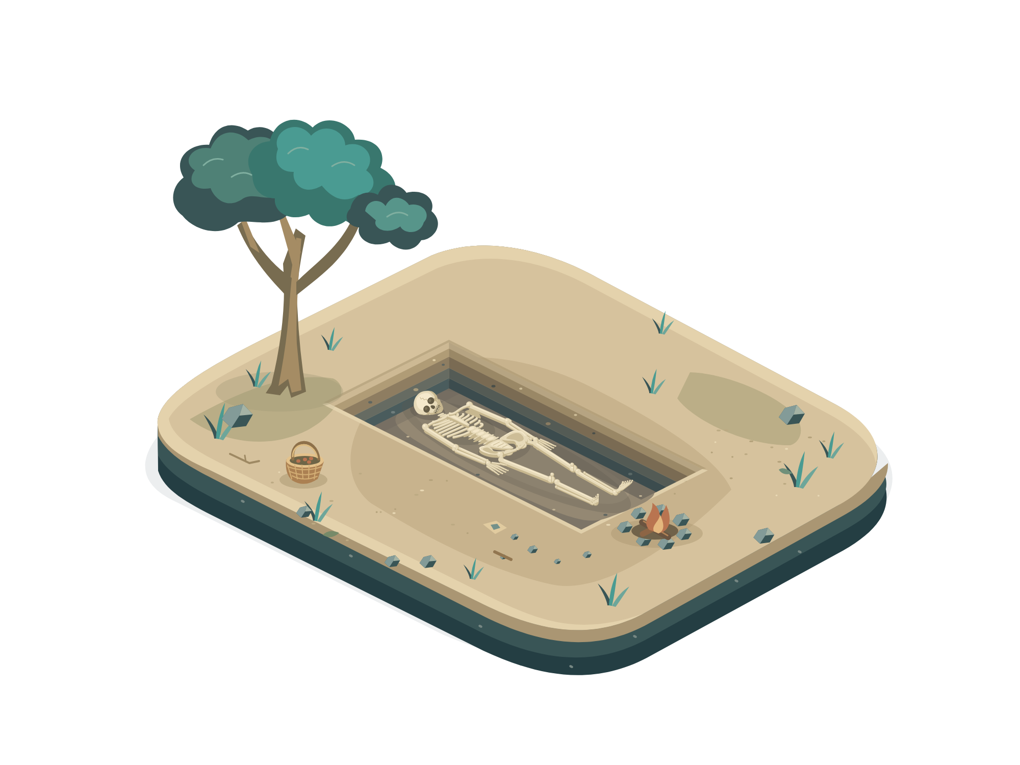 Illustration of an archaeological excavation with a skeleton