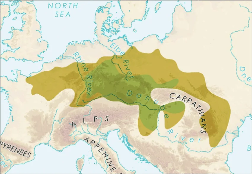 Map showing the earliest and maximum distribution of the Linear Pottery Culture in Central Europe