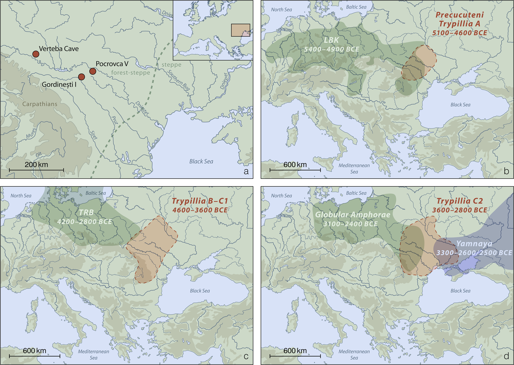 Maps showing Cucuteni-Trypillia sites and the changing extent of Trypillia, LBK, Funnel Beaker, Globular Amphora and Yamnaya cultures